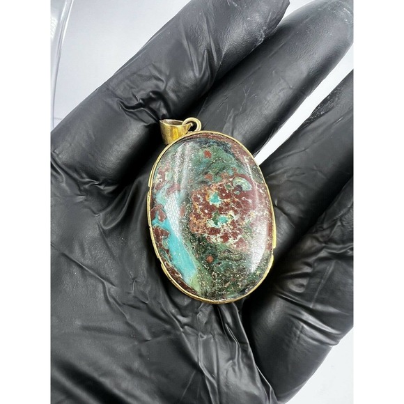 Natural Turquoise Pendant Metal Brass Handmade With Rope - Picture 11 of 11